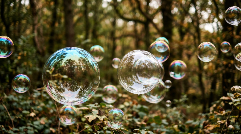 Soap bubbles floating in a forest reflecting trees and sky